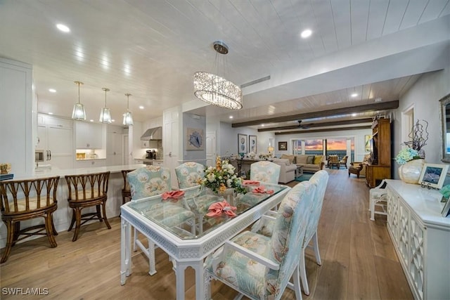 dining space featuring recessed lighting, an inviting chandelier, light wood-style flooring, and wooden ceiling