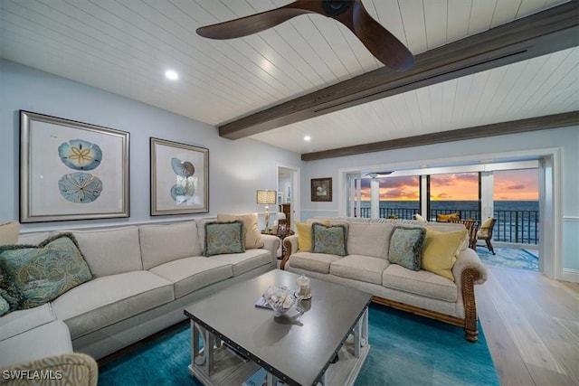 living room with a ceiling fan, wood finished floors, beam ceiling, recessed lighting, and wooden ceiling