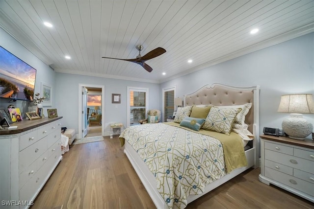 bedroom featuring recessed lighting, wooden ceiling, wood finished floors, and crown molding