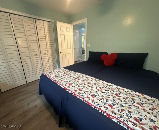 bedroom with dark wood finished floors and a closet