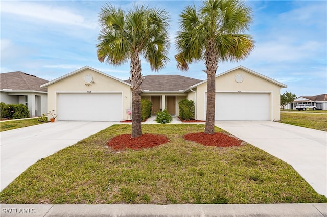 ranch-style home with stucco siding, a front lawn, a garage, and driveway