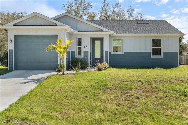 ranch-style house featuring a shingled roof, concrete driveway, a front lawn, a garage, and board and batten siding