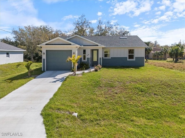 single story home featuring a front lawn, concrete driveway, board and batten siding, and an attached garage