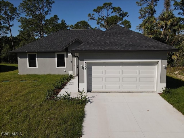 single story home with a front yard, a garage, roof with shingles, and stucco siding