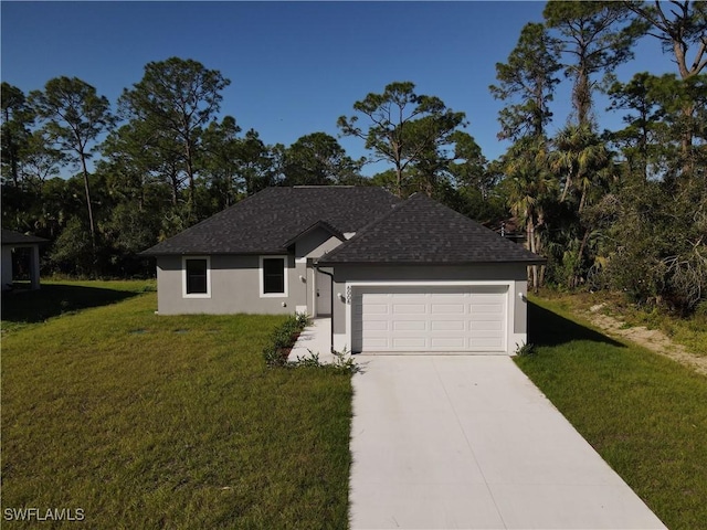 single story home with stucco siding, a front lawn, driveway, roof with shingles, and an attached garage