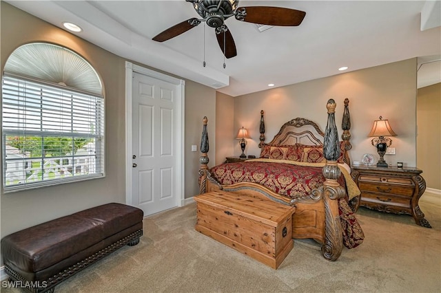 carpeted bedroom with recessed lighting and ceiling fan