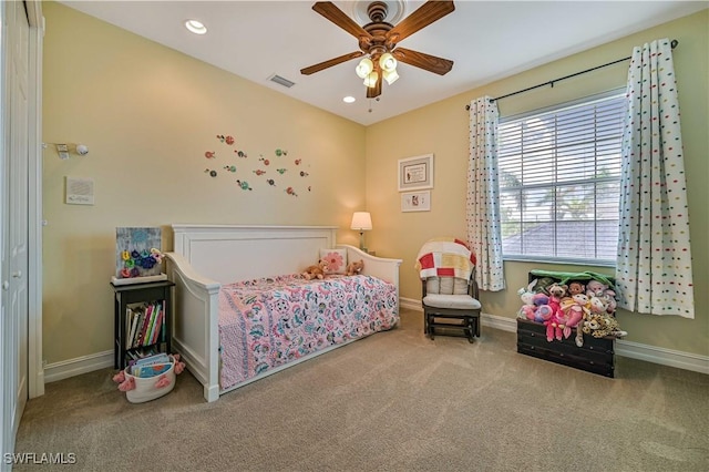 carpeted bedroom with recessed lighting, baseboards, visible vents, and ceiling fan