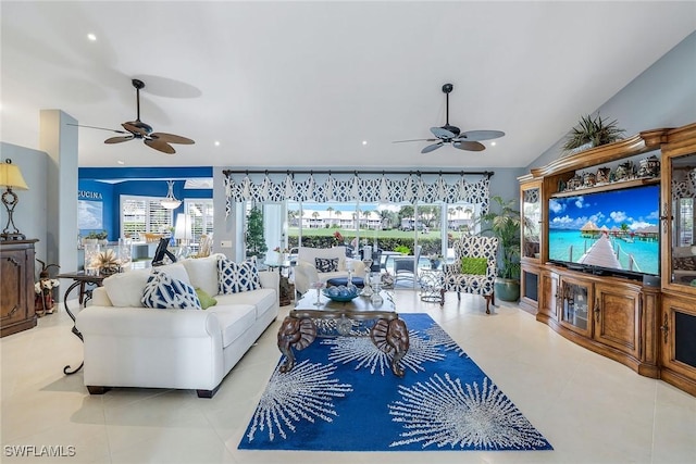 living room with tile patterned flooring, lofted ceiling, recessed lighting, and a ceiling fan