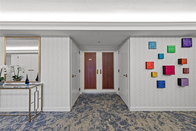 corridor with carpet flooring, french doors, and wallpapered walls