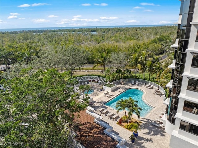 pool with a wooded view and a patio