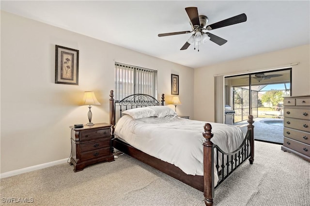 bedroom with access to exterior, a ceiling fan, baseboards, and light carpet