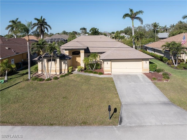 view of front of home featuring a garage, stucco siding, concrete driveway, and a front lawn