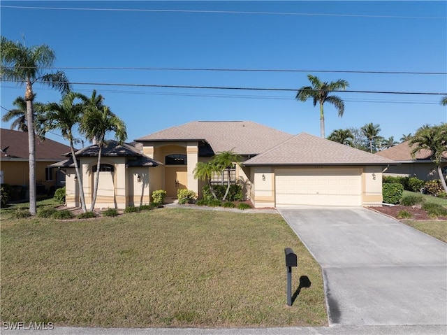 prairie-style house featuring a front yard, an attached garage, concrete driveway, and stucco siding