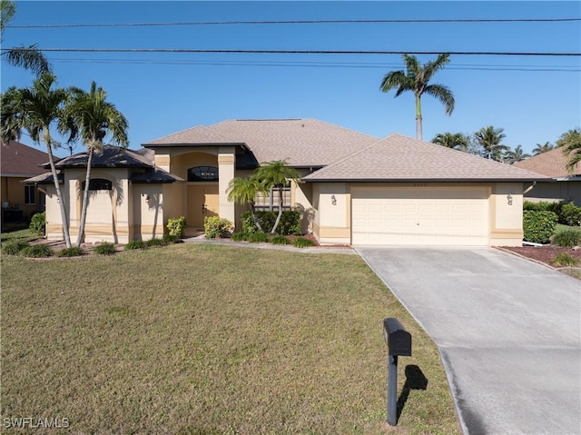 view of front facade featuring stucco siding, a front lawn, concrete driveway, a shingled roof, and a garage