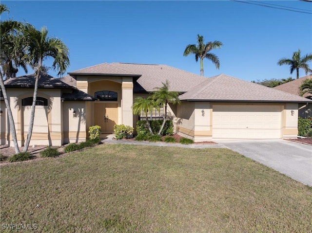 view of front facade featuring stucco siding, driveway, roof with shingles, a front yard, and a garage