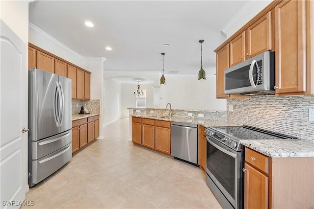 kitchen featuring light stone counters, stainless steel appliances, a peninsula, and crown molding