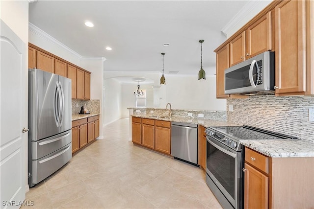 10432 Yorkstone Dr, Bonita Springs, FL 34135 - kitchen with appliances with stainless steel finishes, crown molding, a peninsula, tasteful backsplash, and a chandelier