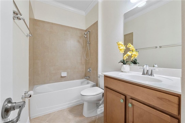 bathroom with vanity, shower / bathtub combination, crown molding, toilet, and tile patterned floors