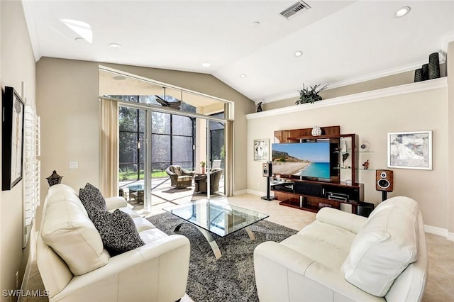 living area with visible vents, recessed lighting, light tile patterned floors, baseboards, and vaulted ceiling