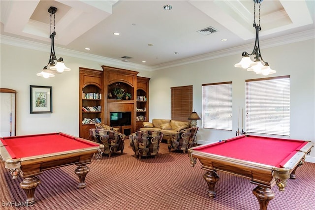 game room featuring billiards, visible vents, and a tray ceiling