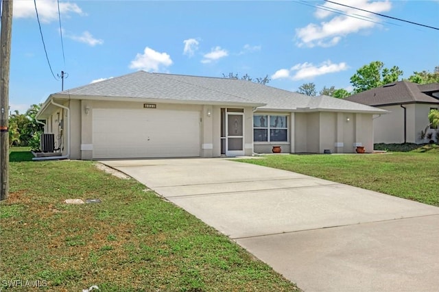 single story home featuring stucco siding, driveway, a front lawn, cooling unit, and a garage