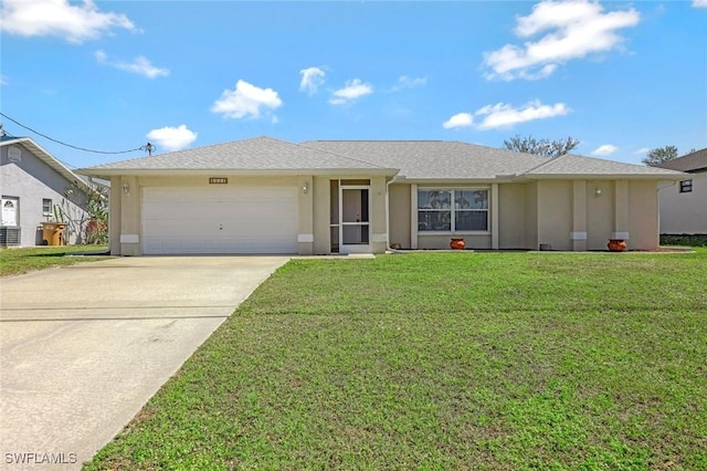 ranch-style house with concrete driveway, an attached garage, a front yard, and stucco siding