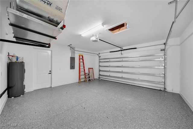 garage with electric panel, baseboards, a garage door opener, and water heater