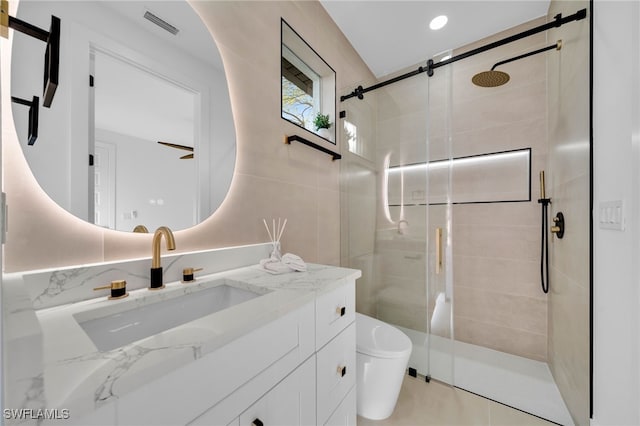 full bathroom with visible vents, vanity, toilet, and a shower stall