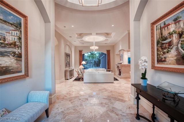 29115 W Teramo Way, Naples, FL 34110 - corridor with baseboards, ornamental molding, coffered ceiling, and marble finish floor