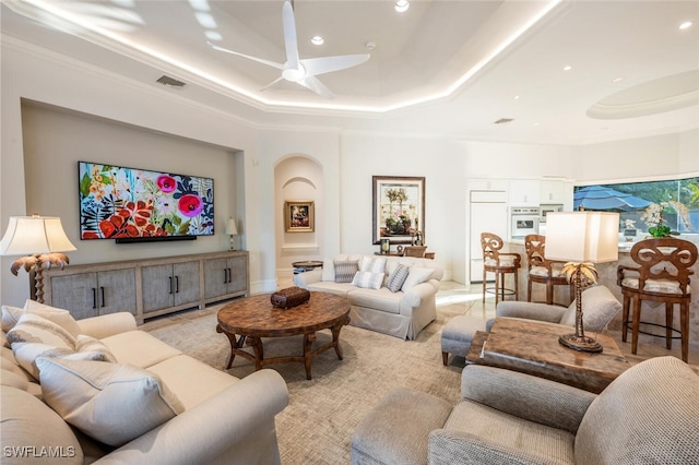 29115 W Teramo Way, Naples, FL 34110 - living room with visible vents, a raised ceiling, a ceiling fan, and recessed lighting