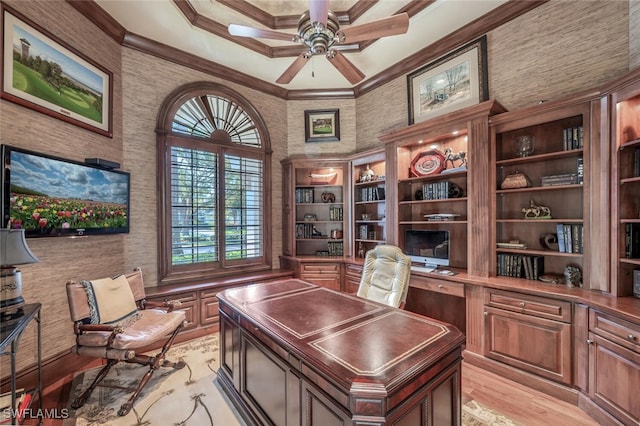 29115 W Teramo Way, Naples, FL 34110 - office featuring built in study area, ornamental molding, ceiling fan, and light wood-style flooring