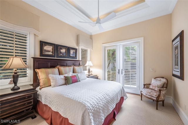 29115 W Teramo Way, Naples, FL 34110 - bedroom with crown molding, baseboards, carpet floors, a ceiling fan, and access to outside