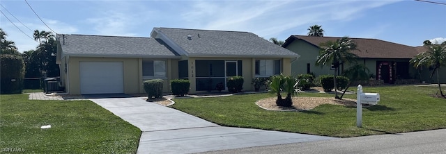 single story home featuring stucco siding, concrete driveway, a front lawn, and a garage