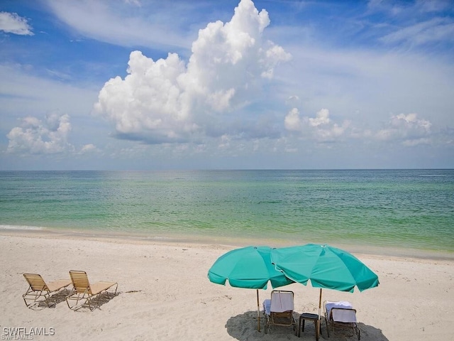 view of water feature with a beach view