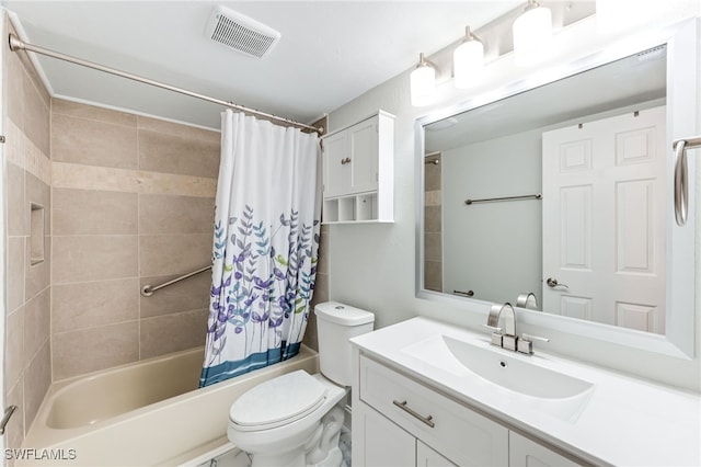 full bath with vanity, toilet, shower / bath combo, and visible vents