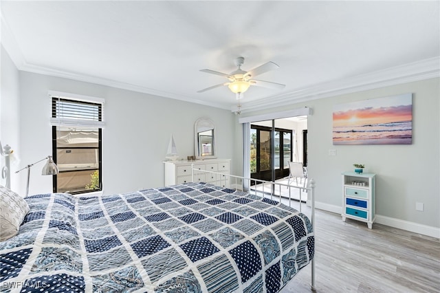 bedroom with crown molding, multiple windows, and light wood-type flooring