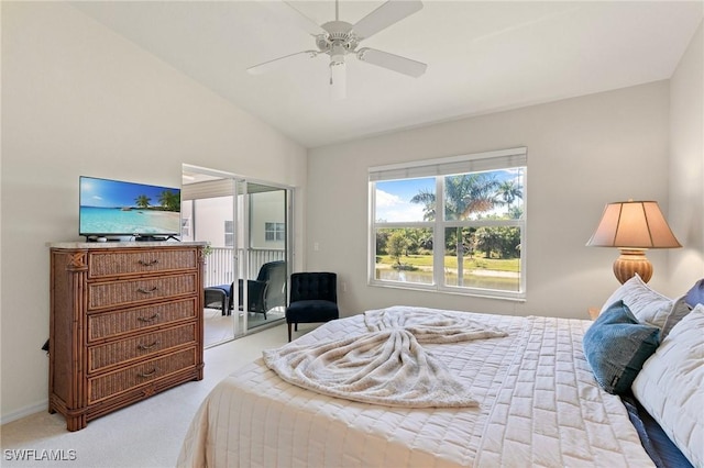 carpeted bedroom with vaulted ceiling, baseboards, and ceiling fan