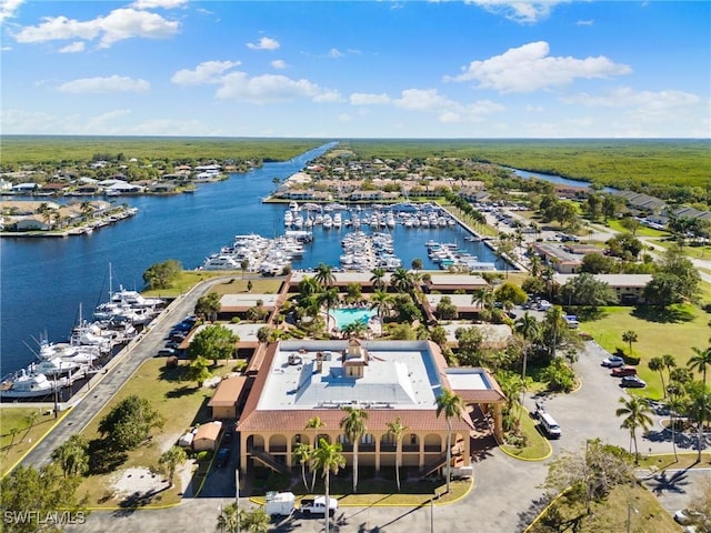 aerial view featuring a water view