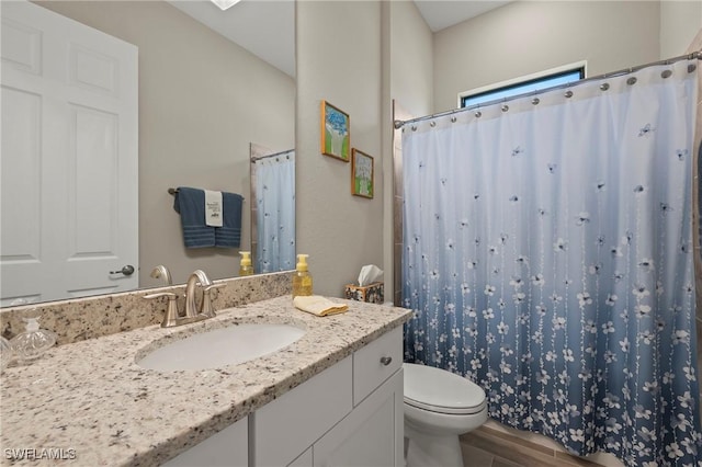 bathroom with vanity, curtained shower, toilet, and wood finished floors