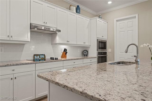 kitchen with crown molding, oven, under cabinet range hood, built in microwave, and a sink