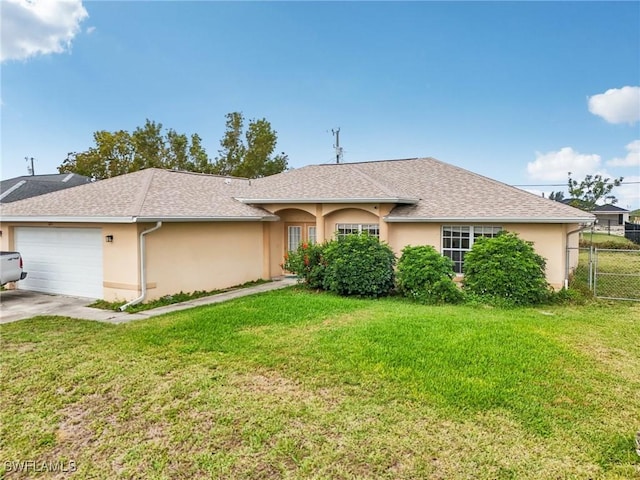 single story home with a front yard, fence, a garage, and stucco siding