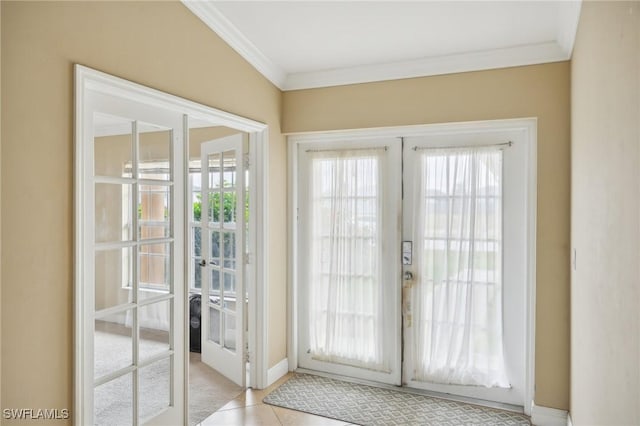 doorway featuring french doors and crown molding