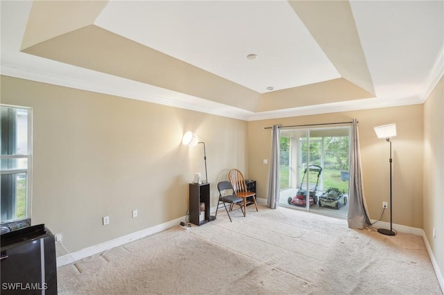 living area featuring baseboards, a raised ceiling, carpet, and ornamental molding