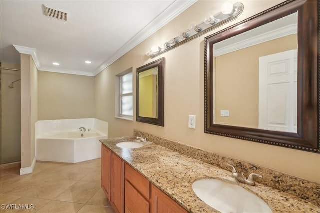 bathroom with a garden tub, ornamental molding, visible vents, and a sink