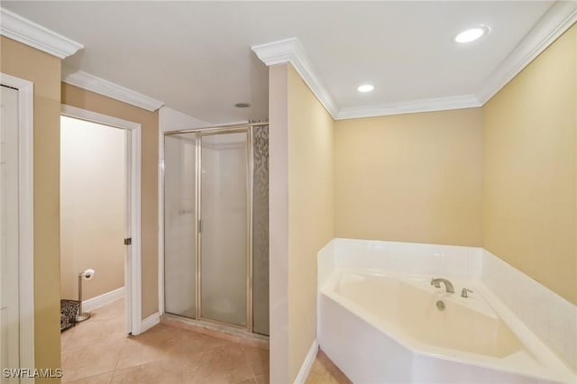 bathroom featuring a garden tub, recessed lighting, a stall shower, and ornamental molding