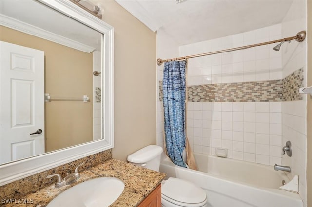 bathroom with vanity, toilet, shower / tub combo, and crown molding