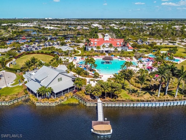 aerial view featuring a water view and a residential view