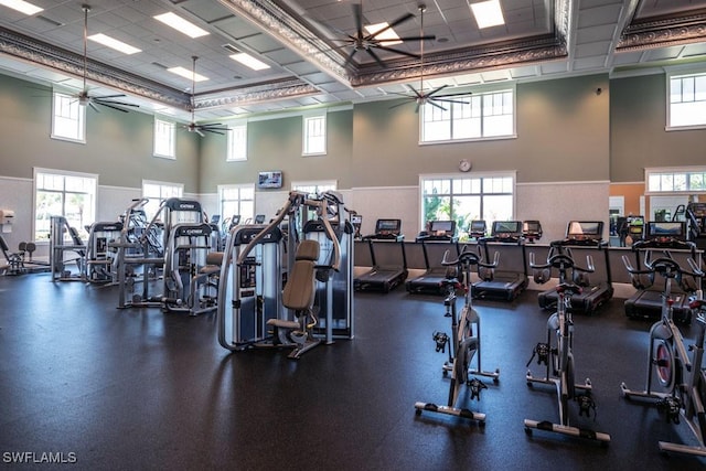 exercise room featuring plenty of natural light, a ceiling fan, and a drop ceiling