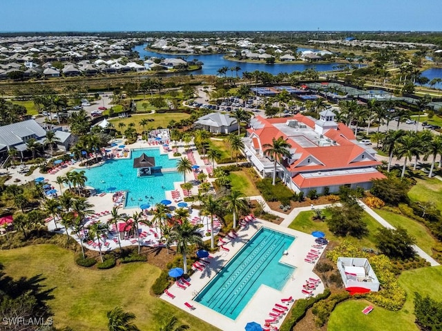 drone / aerial view with a water view