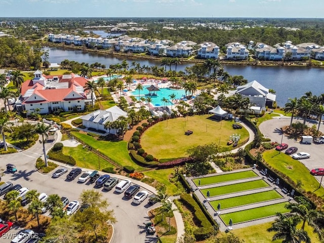 aerial view featuring a water view and a residential view